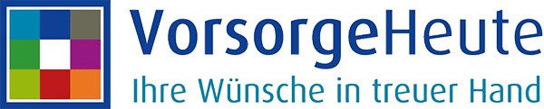 Logo von VorsorgeHeute mit dem Slogan „Ihre Wünsche in treuer Hand“ in blauer Schrift und bunten Quadraten.